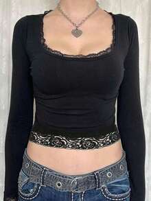 Blusa de mangas largas con cuello cuadrado, ajuste delgado y encaje de contraste primaveral - Negro - Ver 3