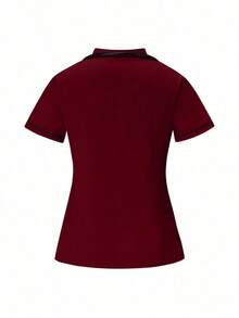 Conjunto de uniformes médicos: Parte superior de cuello en V de manga corta y pantalones para trabajadores de la salud - Burdeos 2 - Ver 3
