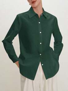 2026 Nueva Camisa Básica Versátil y Elegante para Mujer con Botones Delanteros y Cuello Mao en Color Azul Claro, Adecuada para Ir al Trabajo, Uso Diario, Estilo Retro de los 90, Navidad, Año Nuevo, Fiesta de San Valentín, Playa, Graduación, Moda, - Verde Oscuro - Ver 6