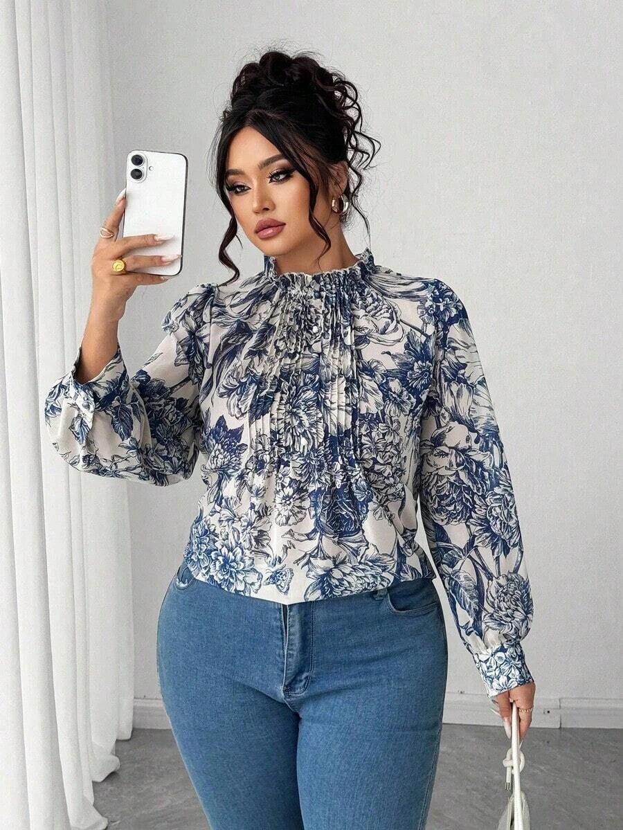 Blusa elegante de talla grande para mujer 2025 con encaje jacquard, parches y mangas con volantes, cintura ceñida y silueta evasé, adecuada para volver al colegio, graduación, vacaciones, San Valentín, festivales de música, Día de la Madre, Hallow - Azul - Ver 1