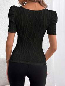 Privé Camiseta De Cuello Cuadrado Y Manga Corta Ajustada Con Textura - Negro - Ver 2