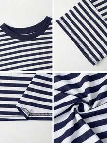 Camiseta casual de mujer  de cuello redondo holgado, camiseta de manga corta de ajuste ceñido con parches a rayas minimalista, adecuada para primavera/verano, ideal para el Día de San Valentín - Azul marino - Ver 10