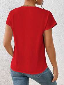 Blusa de mangas de murciélago sólidas, cuello en V, blusas de manga corta - Rojo - Ver 2