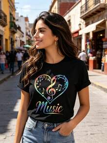 Limited Time Offer, Limited Quantities, Flash ! Women's Casual Shirts, Women's Polyester T-Shirts, Elegant Shirts, Women's Short-Sleeved Athletic T-Shirt With Musical Symbol Design. - 黑色 - 查看 2