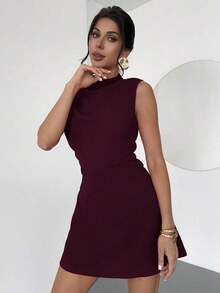 Vestido mini plisado de línea A elegante, minimalista, delicado, romántico y dulce para uso diario, boda, fiesta, festival de música y vacaciones, con camisola roja - Granada - Ver 3
