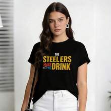 Women's Summer Clothing, Soft And Casual Cotton T-Shirt With Round Neck, "The Steelers Make Me Drink Rugby" Print For Rugby Enthusiasts. Black. - 黑色 - 查看 3