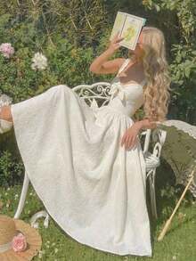 Vestido de mujer de unicolor con nudo delantero, elegante, con tirantes finos y de largo medio - Albaricoque - Ver 2