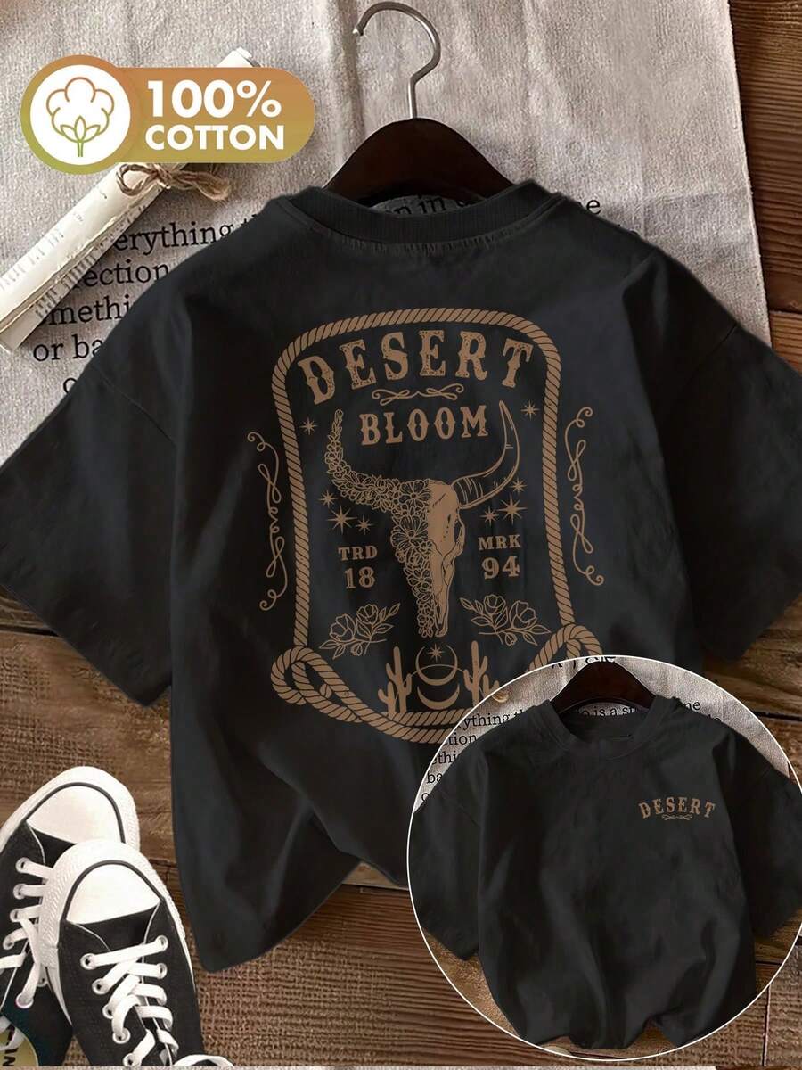[Double-Sided Print] Women's Summer Casual Top, Western Style Skull And Rope Knot, DESERT BLOOM TRD MRK 18 94 Short Sleeve Round Neck Printed T-Shirt [Ling K] - 黑色 - 查看 1