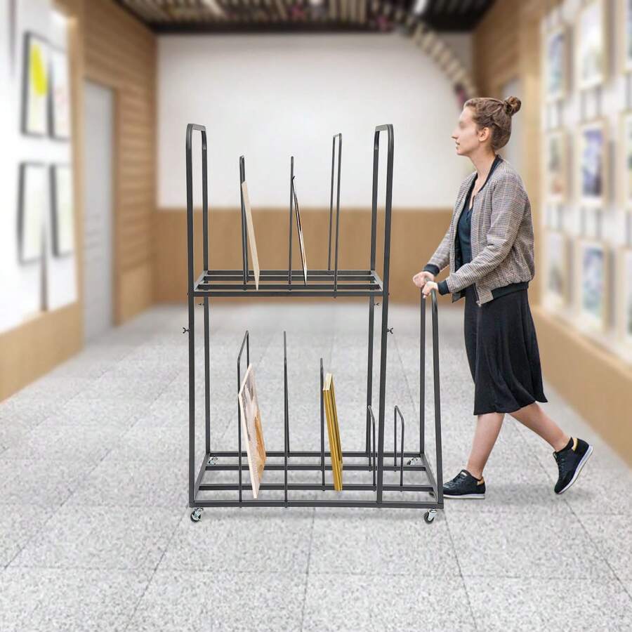RibasuBB 2-Tier Iron Art Canvas Storage Rack With 4 Wheels 2 Brakes Mobile Display And Drying Stand For Canvases Boards Prints Studio Organizer Black - Default - View 1
