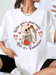 Women's Valentine's Day T-Shirt With Skeleton, Roses, And Hearts Design, Casual Valentine's Day Gift T-Shirt, Fashionable Wearable Art Garment - 白色 - 查看 1