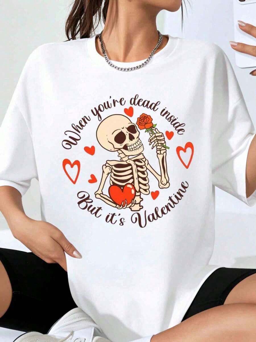 Women's Valentine's Day T-Shirt With Skeleton, Roses, And Hearts Design, Casual Valentine's Day Gift T-Shirt, Fashionable Wearable Art Garment - 白色 - 查看 1