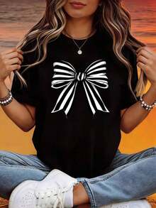 Camiseta de Verano para Mujer, Top de Verano para Mujer, Camiseta Casual de Manga Corta, Estampado de Lazo a Rayas Blancas y Negras, Top Ligero y Transpirable para Verano y Aire Libre para Mujer |     Top Casual y Bonito - Negro - Ver 6