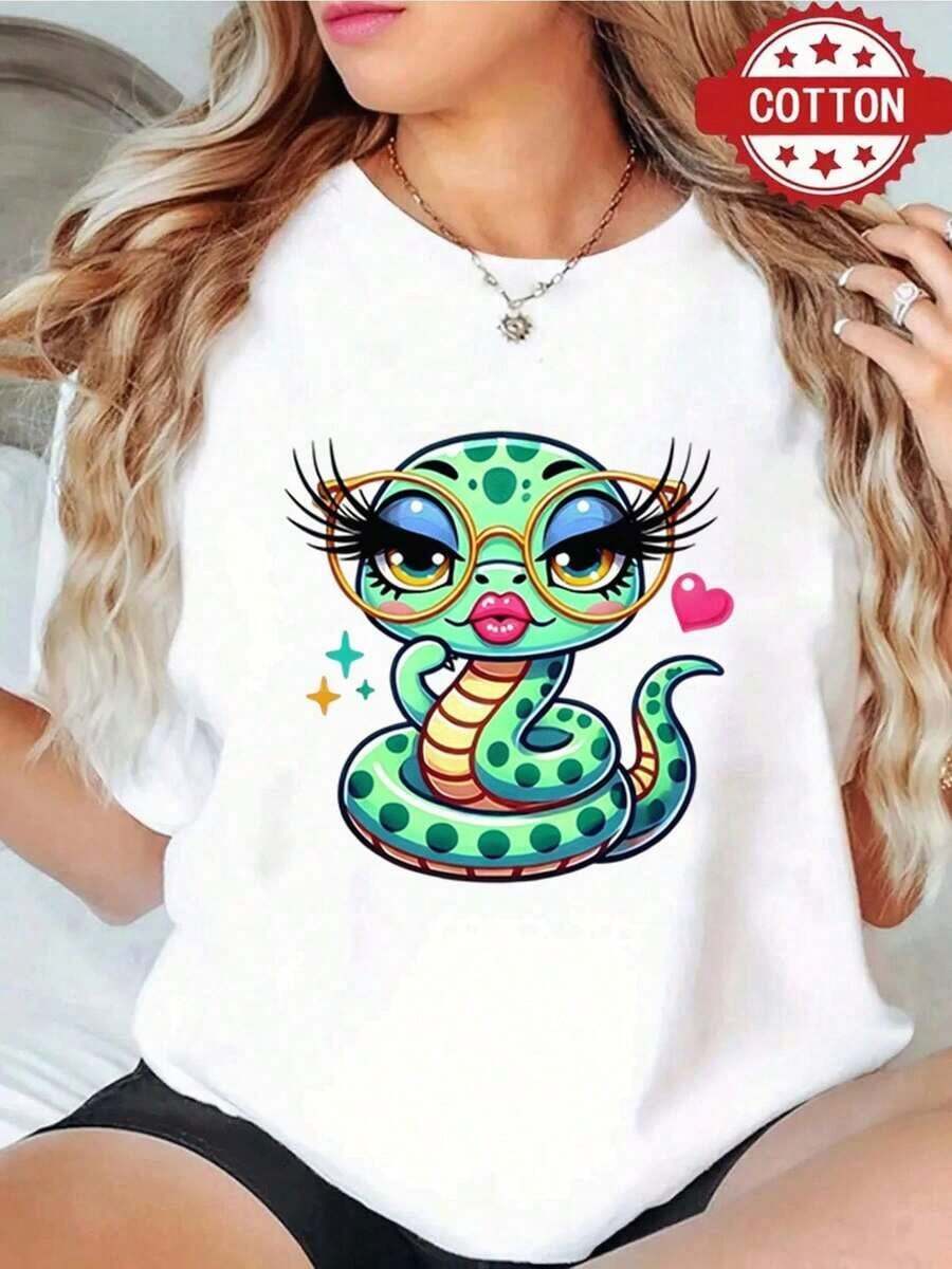 Comfortable 1 Piece Women's Blouses Beautiful Blouses For Women Sets For Women Women's Clothing Black And White G High Quality Glamorous Snake Print T-Shirt Round Neck Loose Basic Cut For Men And Women Breathable Versatile Machine Washable Comfortable Size S ~ 3XL Essential For Daily Casual Summer Sports Loose Versatile Short Sleeve T-Shirt For Women - 白色的 - 查看 1