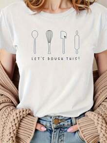 Comfortable Women's Casual T-Shirt With Baking Tools Print "Let's Make Dough!" - Short Sleeve Crew Neck Summer T-Shirt Featuring A Mixer And Spatula Design, Regular Fit, Machine Washable, Women's T-Shirt - [白色的] - 查看 8