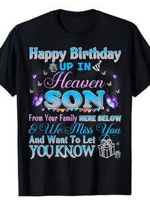 Feliz Cumpleaños Celestial en el Cielo para Mi Hijo |   Camiseta de Cuello Redondo, Estilo Vintage, Cuello Redondo, Corte Regular, 180G, Manga Corta, Diseño Estampado, Perfecta para Toda Temporada, para Hombres y Unisex, Ideal para Halloween, Acción de Gracias, Navidad - Negro - Ver 1