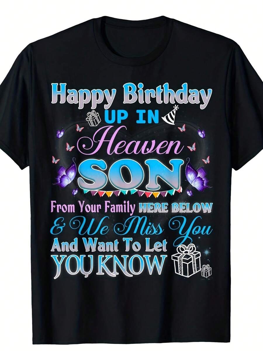Feliz Cumpleaños Celestial en el Cielo para Mi Hijo |   Camiseta de Cuello Redondo, Estilo Vintage, Cuello Redondo, Corte Regular, 180G, Manga Corta, Diseño Estampado, Perfecta para Toda Temporada, para Hombres y Unisex, Ideal para Halloween, Acción de Gracias, Navidad - Negro - Ver 1