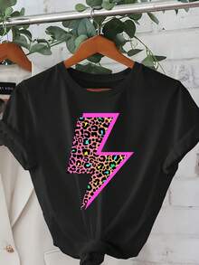 Camiseta con estampado de guepardo y rayos de neón, de manga corta y cuello redondo, ideal para el uso diario de mujeres en primavera y verano, cómoda y agradable para la piel. - Negro - Ver 7