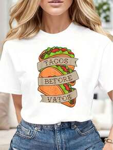 Camiseta genial informal con diseño estampado de "Tacos Before Vatos" para mujer, suave y cómoda, regalo perfecto para amantes de los tacos, ideal para el Cinco de Mayo y festivales de comida mexicana. - Blanco - Ver 1