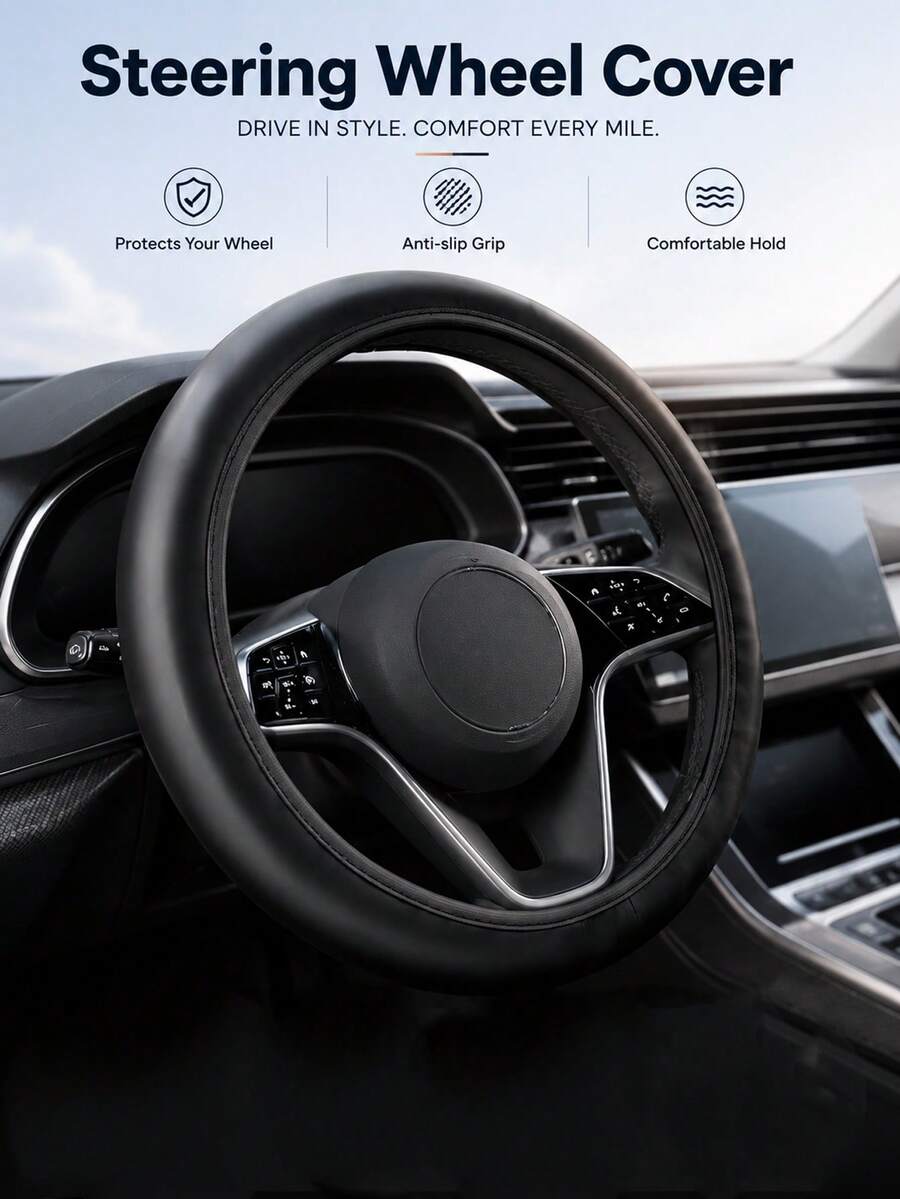 1PC Simulated Leather Steering Wheel Cover Is Soft, Non-Slip, And Universally Compatible With Car Interior Accessories. Stylish And Durable, It Fits Steering Wheels From 36-38cm, - A - View 1