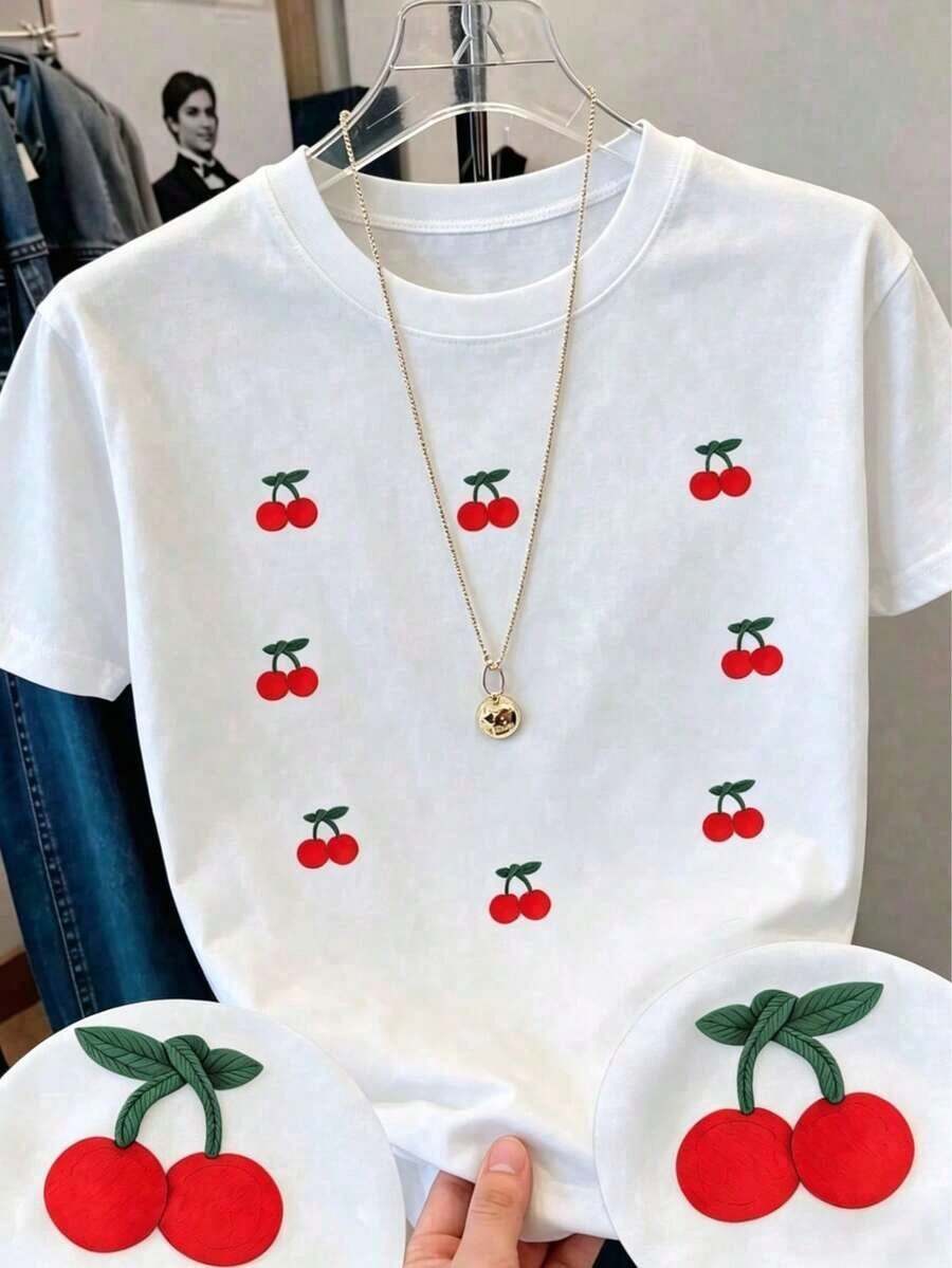 Envío gratis, entrega local enéxico, entrega en 4 días. Camiseta con diseño de cerezas rojas, estilo bordado pero estampado, colorida, casual, moderna, cuello redondo, manga corta, para uso diario, llamativa, holgada, a, para ti. - Blanco - Ver 1