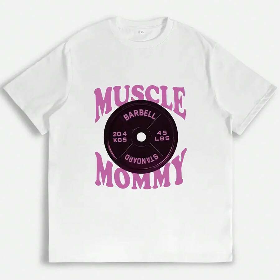 Retro Graphic Gym T-Shirt For Muscular Mom, Fitness T-Shirt For Mom, Casual Workout Clothes, Fashionable Y2K Aesthetic Top For Women - 白色 - 查看 1