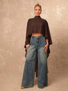 Nueva llegada Blusa elegante de mujer de alta gama con cuello suelto, bajo asimétrico con volantes, parte delantera corta y parte trasera larga - Marrón - Ver 5