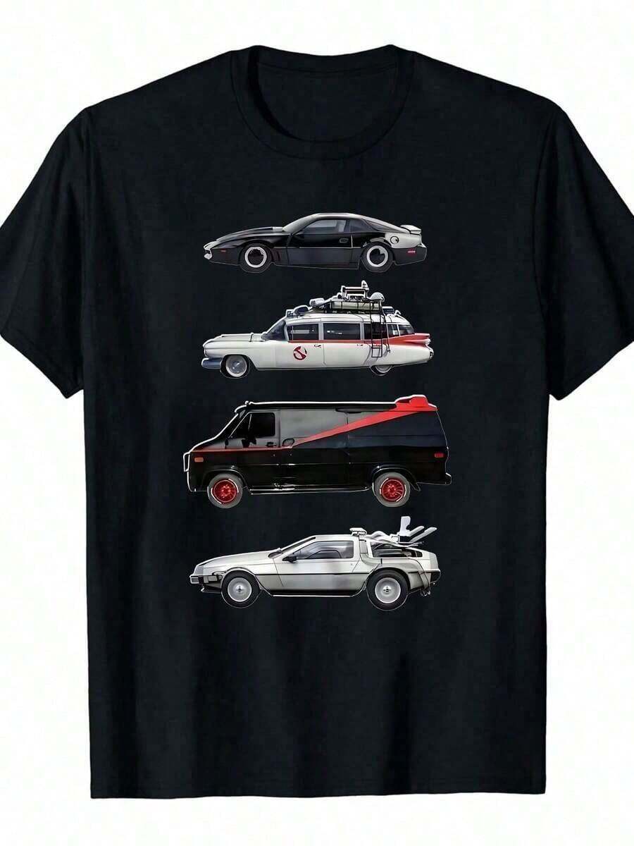 1 Classic Men's T-Shirt With Movie Car Print, 100% Cotton, Round Neck, Casual Style, Loose Fit For All Seasons With Slight Elasticity, Featuring Graphics Of Knight Rider, A-Team, Back To The Future, DeLorean And Ghostbusters. - 黑色 - 查看 1