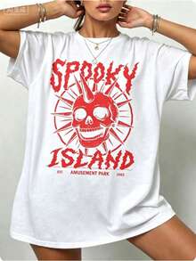 Gothic Punk Cotton T-Shirt,Spooky Island Skull Graphic Tee,Womens Street Concert Summer Top,Short Sleeve,Dark Aesthetic,Y2K Style,Edgy Fashion - 白色 - 查看 9