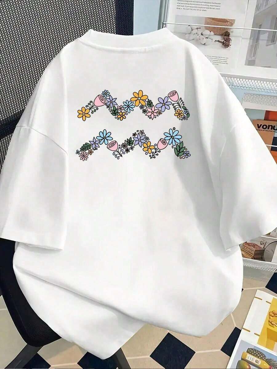Camisetas de Talla Grande para Mujer - Camiseta Holgada de Hombros Caídos, Blusa Casual de Manga Corta, Camiseta de Manga Corta con Estampado Frontal y Trasero - Estampado Floral, Estilo Pintado a Mano - Camiseta Estampada de Primavera y Verano para Mujer, ¡Tu Mejor Opción!Transpirable y cómodo - Blanco - Ver 1