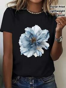 Camiseta casual de verano para mujer, estampado floral vibrante azul y blanco - Manga corta, cuello redondo, tela ligera, perfecta para uso casual, camiseta con estampado floral, camiseta ligera para mujer - Negro - Ver 2