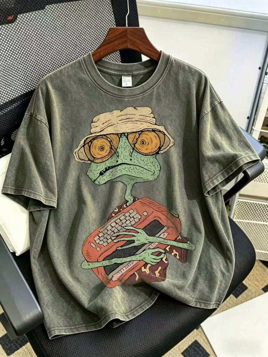 Vintage Washed Frog T-Shirt | Retro Cartoon Graphic Tee | 100% Cotton Oversized Streetwear - 軍綠色 - 查看 1