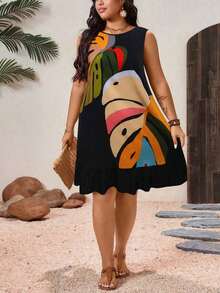 GRIIOO Vestido de Talla Grande para Mujer, Estilo Vacacional, Base Negra con Estampado de Plantas Tropicales Coloridas, Sin Mangas, Cuello Redondo, Bajo con Volantes, Espalda Descubierta con Lazo, Estilo Retro, Contraste de Color, Casual, para Uso Diario, Verano, Nuevo Vestido de Verano para Mujer, Vestido para Usar sobre Bikini, Vestido de Playa, Traje de Baño para Mujer, Ropa de Resort, Vestido de Vacaciones para Mujer. - Multicolor - Ver 8
