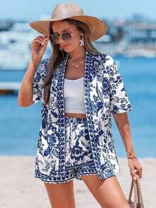 Conjunto de kimono de algodón blanco con arrugas + shorts, conjunto casual de vacaciones para primavera/verano - Multicolor 8 - Ver 6