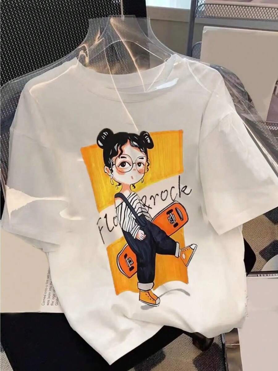 Women's Short-Sleeved T-Shirt Made Of Pure Cotton - Loose Fit, Round Neck, Casual Style, Cartoon Print, Black And Yellow Details, Machine Washable For Year-Round Comfort, Cotton T-Shirt, Unique Print Design, Versatile And Fashionable. - 白色 - 查看 1