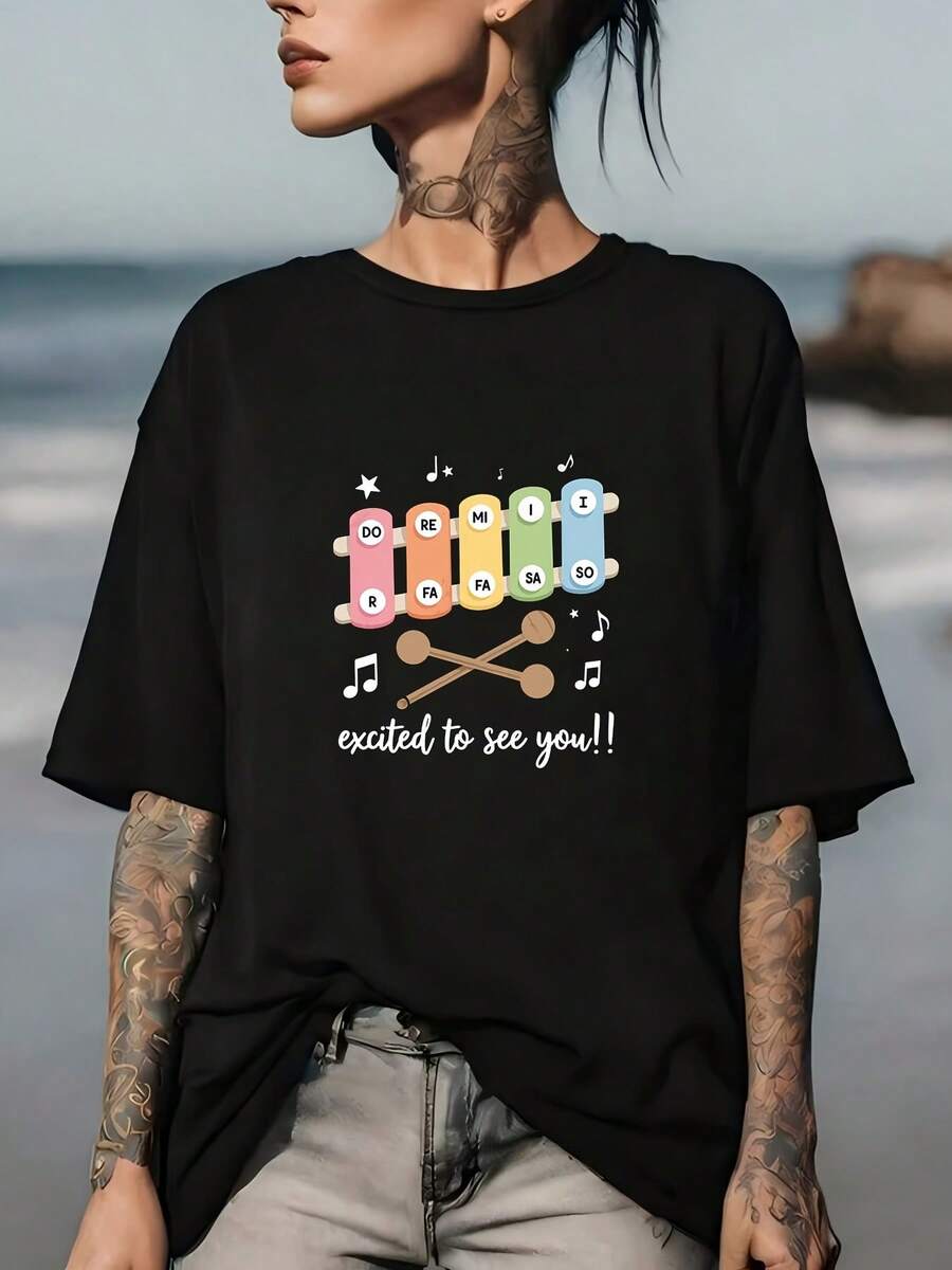 Encuentro Sorpresa: Camiseta de 180g con diseño de cítara - El regalo de verano perfecto para amigos y familiares, un divertido recuerdo para actividades de team-building en la oficina y una elegante camiseta para mujer para las celebraciones del Día de los Caídos. - Negro - Ver 1