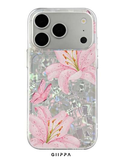 1 pieza Funda de teléfono con textura de concha, diseño de lirio rosa y mariposa, adecuada para iPhone 17 Pro Max, 16 Pro Max, 15 Pro Max, 14 Pro Max, funda de teléfono de estilo coreano interesante y elegante, compatible con iPhone 11/12/13/14/15/16 Pro Max Plus, diseño elegante para hombres y mujeres, regalo ideal para Navidad, San Valentín, Pascua, temporada de bodas y cumpleaños para la novia