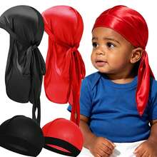 Awegeo Mũ trùm đầu Durag bằng satin cho trẻ em, kiểu mũ cướp biển với đuôi dài và dây đeo rộng, phù hợp cho bé trai, trẻ nhỏ và bé gái, kiểu khăn bandana quấn đầu. - Nhiều màu - Xem 10