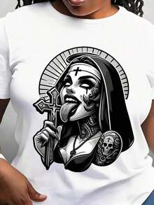 Women's Gothic T-Shirt - Rebel Nun Graphic Tee With Skulls And Bones, Soft And Breathable, Casual Top For All Seasons, Bold Religious Icon Outfit For Gothic Clothing, Fashion Gift For Her - 白色 - 查看 1
