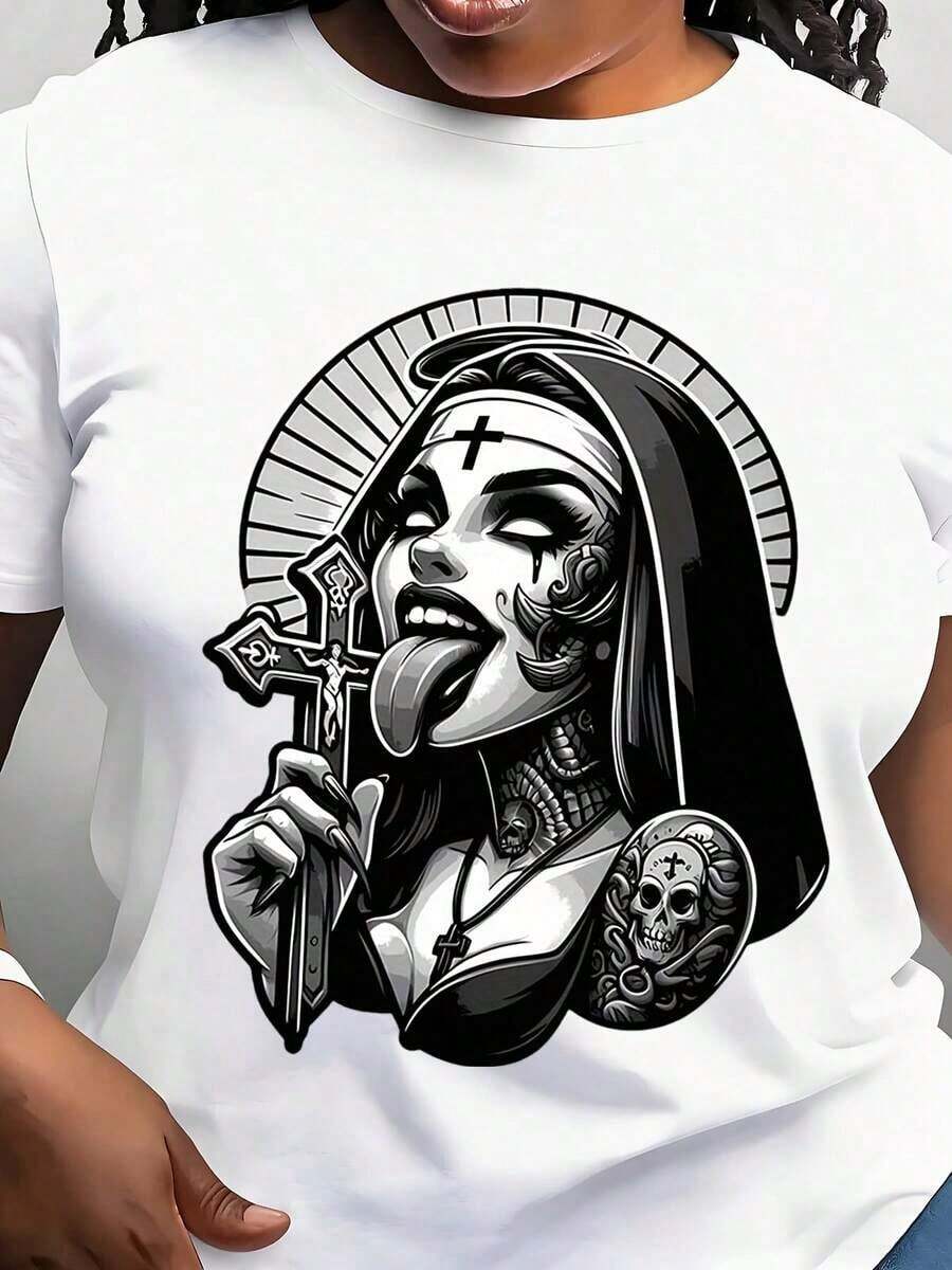 Women's Gothic T-Shirt - Rebel Nun Graphic Tee With Skulls And Bones, Soft And Breathable, Casual Top For All Seasons, Bold Religious Icon Outfit For Gothic Clothing, Fashion Gift For Her - 白色 - 查看 1