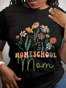Women's Floral Print T-Shirt For Homeschooling Moms - Casual Crew Neck, Short Sleeve, Machine Washable, Perfect For Summer, Mother's Day Gift, Casual Summer T-Shirt With Floral Graphics, Soft Fabric - 黑色 - 查看 6