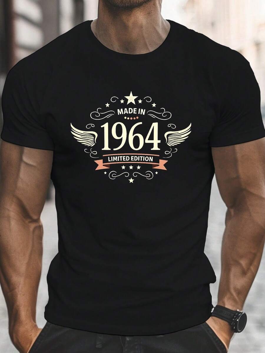 Men's Vintage T-Shirt Special Edition 1964 - Retro Gold Wings And Stars Design, Black With Gold Print, Lightweight And Breathable, Regular Fit, Crew Neck, Short Sleeve For Casual And Outdoor Activities, Loose And Comfortable - A the Picture How - View 1