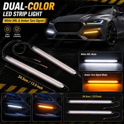 2pcs Daytime Turn Signal Lights, Car Headlights Sequential White, Turn Signal Yellow, Flowing LED Strip Flashing Signal Lights, DRL Daytime Running Lights, Suitable For All Vehicles Using 12V Power Supply, Gift
