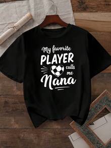 Women's Nana Football Player Design T-Shirt - 180g Double-Sided Brushed Design, Casual Crew Neck, Short Sleeves, Lightweight And Breathable, Suitable For Football Fans, Spring/Summer Casual Wear, Football T-Shirt, Fan Merchandise, Stylish, Comfortable Fit, Fan Apparel. - 黑色 - 查看 1