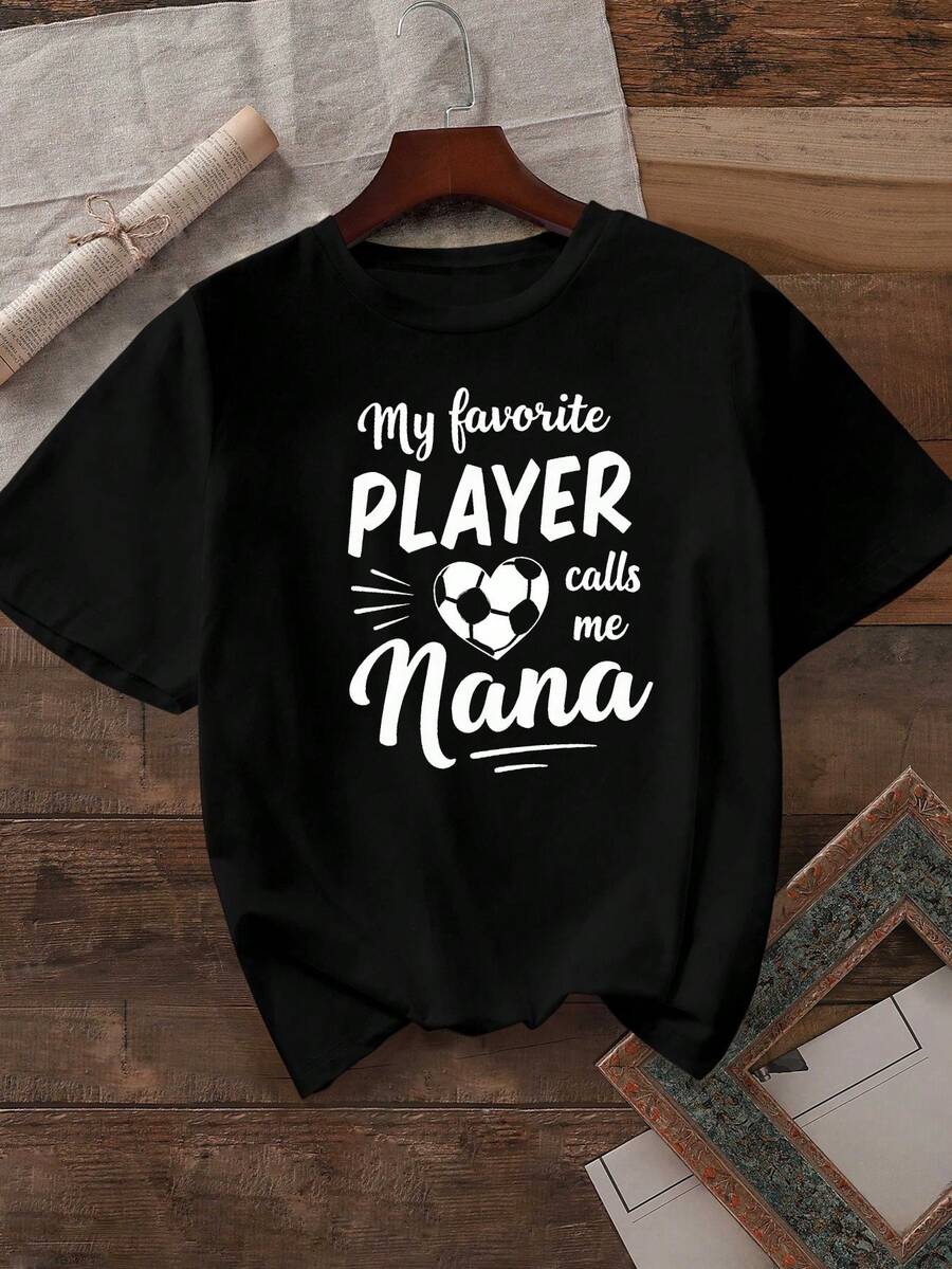Women's Nana Football Player Design T-Shirt - 180g Double-Sided Brushed Design, Casual Crew Neck, Short Sleeves, Lightweight And Breathable, Suitable For Football Fans, Spring/Summer Casual Wear, Football T-Shirt, Fan Merchandise, Stylish, Comfortable Fit, Fan Apparel. - 黑色 - 查看 1