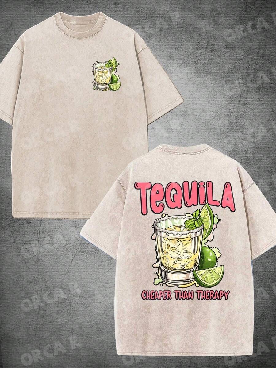 Men's & Women's High-Quality Pure Cotton Short-Sleeved T-Shirt With A Vintage Effect, Soft And Comfortable, With A Loose And Fashionable Fit, Featuring A Design That Includes A Glass Of Tequila And Lime Elements, Along With The Fun Text "TEQUILA CHEAPER THAN Relax", Suitable For Daily Commutes, Outings, Holiday Gifts, Parties And Celebrations. - 水洗棉杏色 - 查看 1