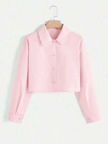 Camisa casual de manga larga con botones delanteros de unicolor para mujer - Rosa - Ver 5