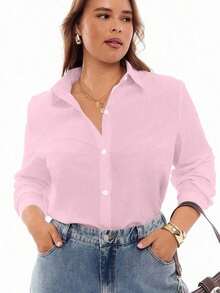 Camisa de manga larga con cuello vuelto y botones para mujer de talla grande, elegante camisa blanca de otoño - Rosa - Ver 1