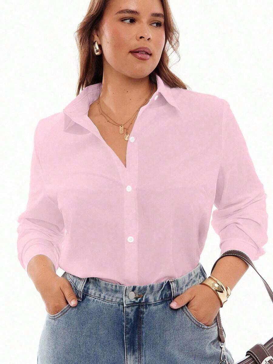 Camisa de manga larga con cuello vuelto y botones para mujer de talla grande, elegante camisa blanca de otoño - Rosa - Ver 1