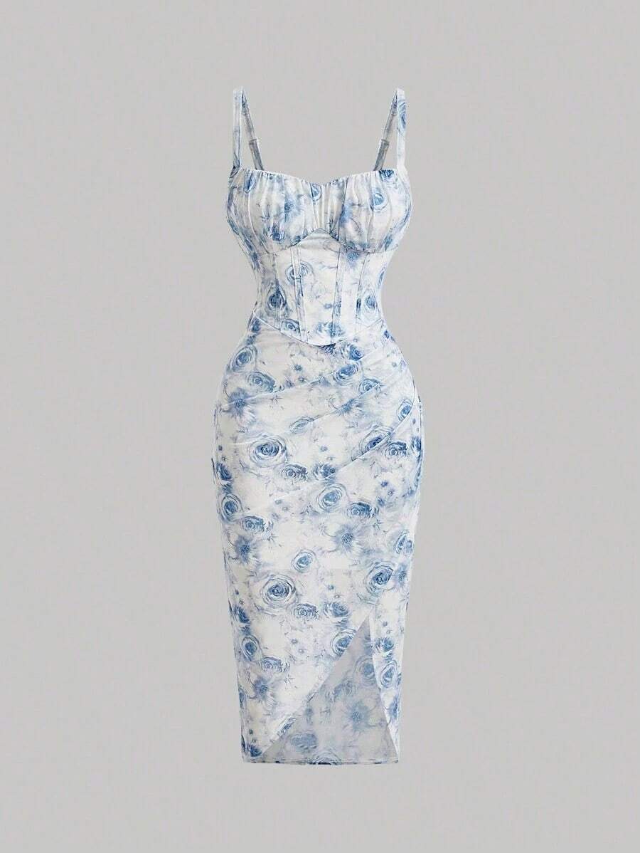 Vestido de tirantes finos con estampado floral, cintura imperio y bajo asimétrico - Azul - Ver 1