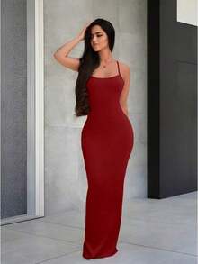 Vestido largo de uso diario con tiras cruzadas sencillas y liso para mujer - Burdeos - Ver 6